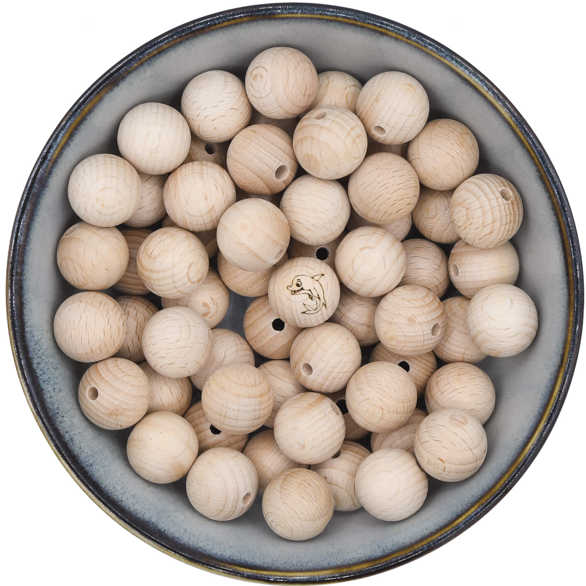 Houten kraal van 18 mm met een afbeelding van een dolfijn