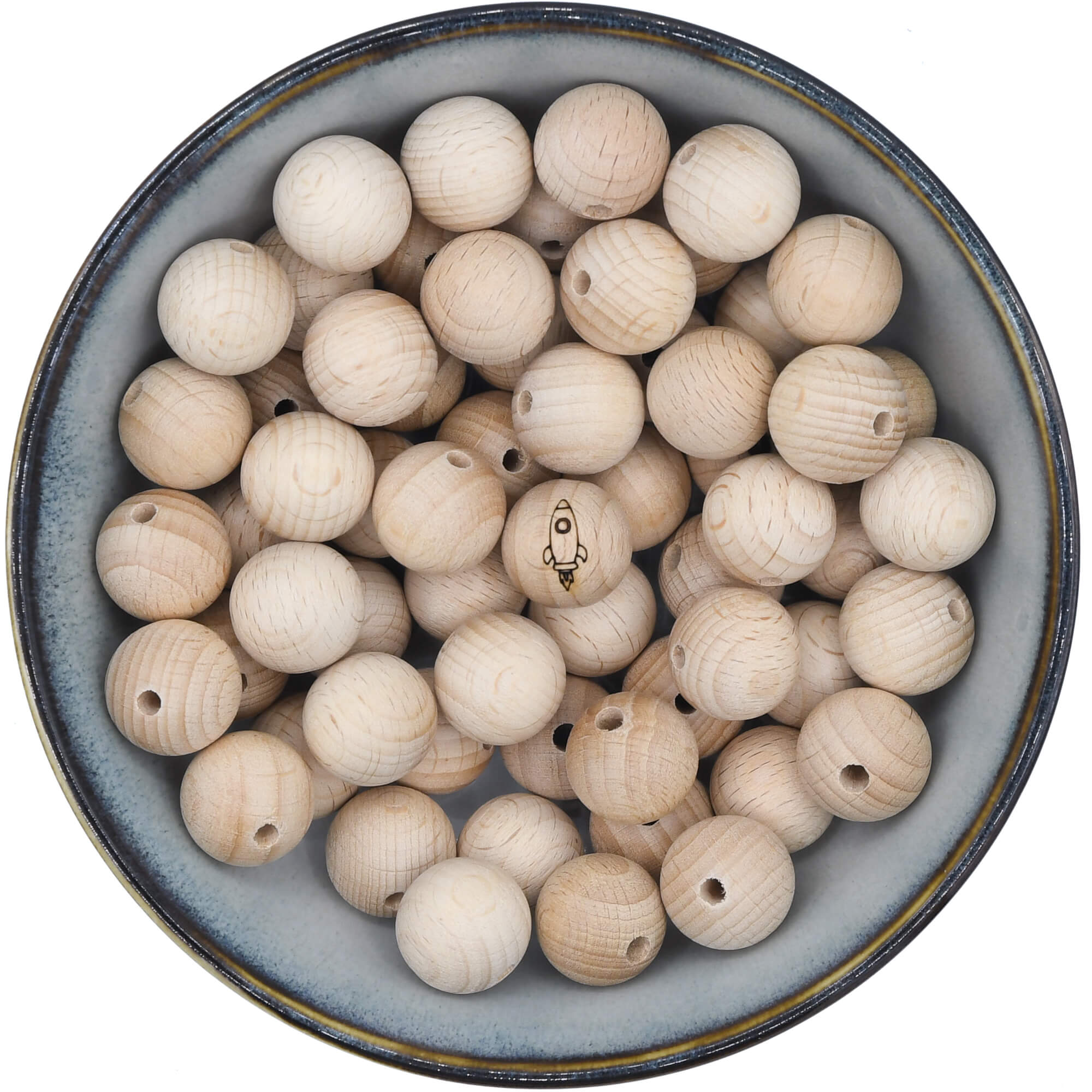 Houten kraal van 18 mm met afbeelding van een raket