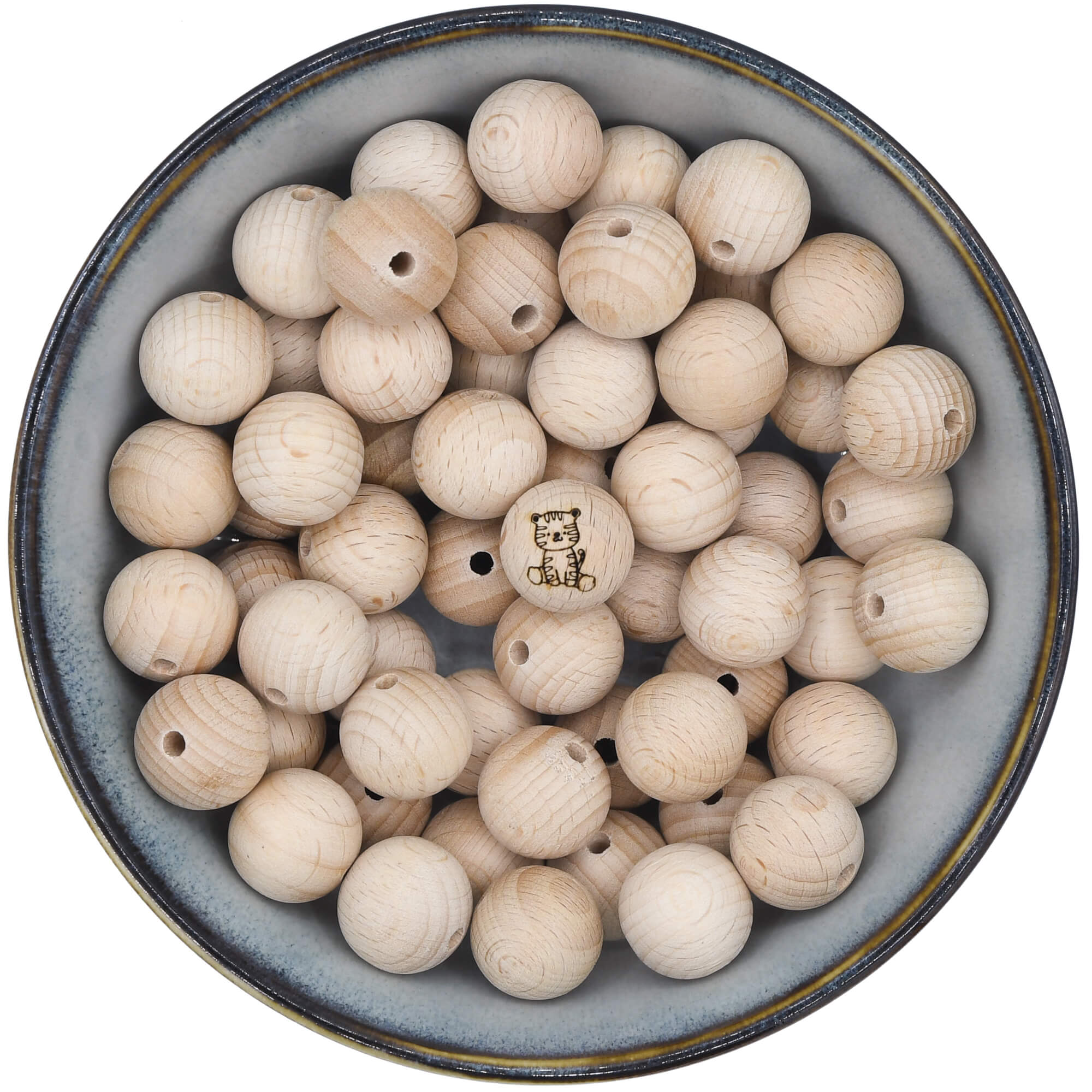 Houten kraal van 18 mm met afbeelding van een tijgertje