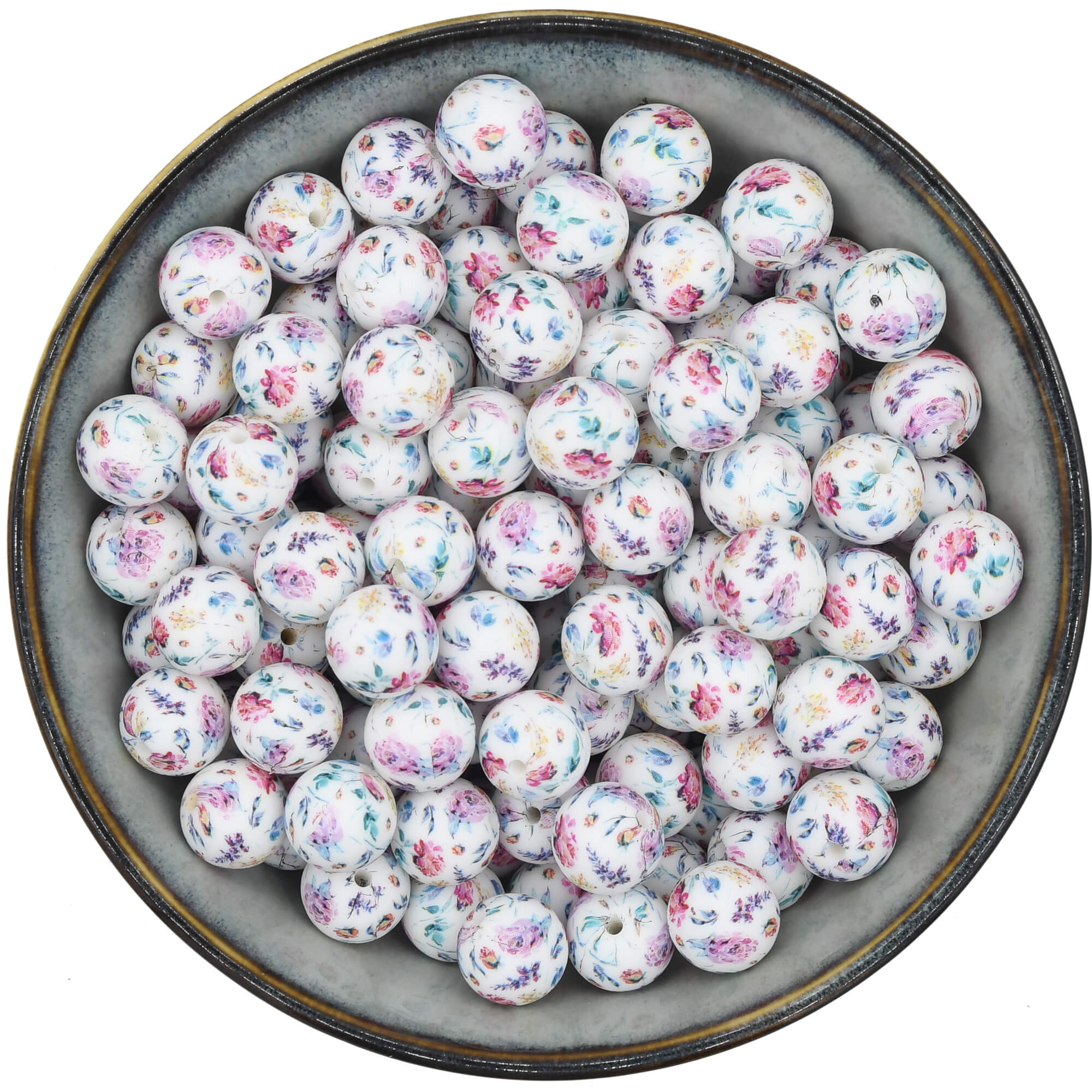 Siliconen kraal van 15 mm met een veelkleurige bloemenprint