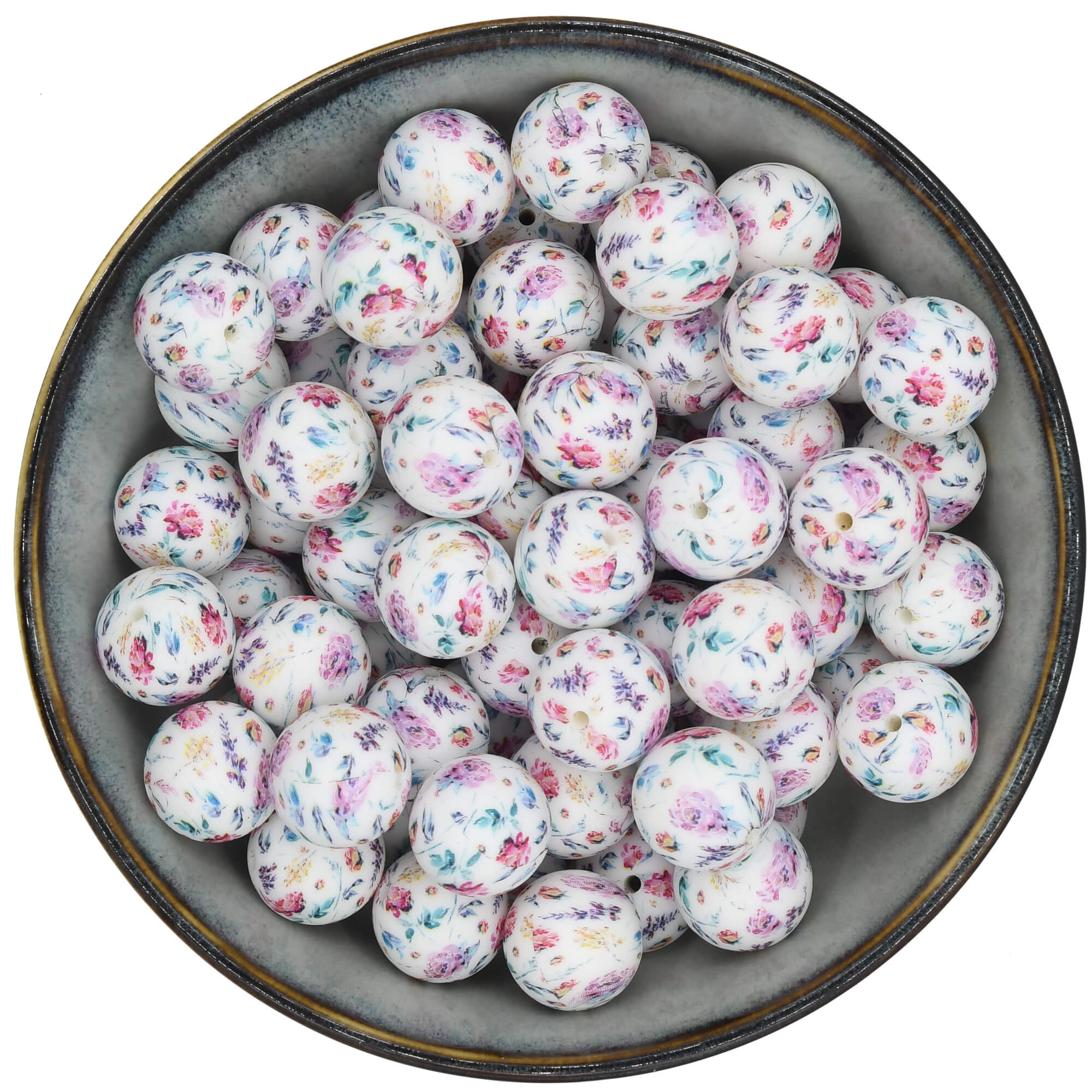 Siliconen kraal van 19 mm met een veelkleurige bloemenprint