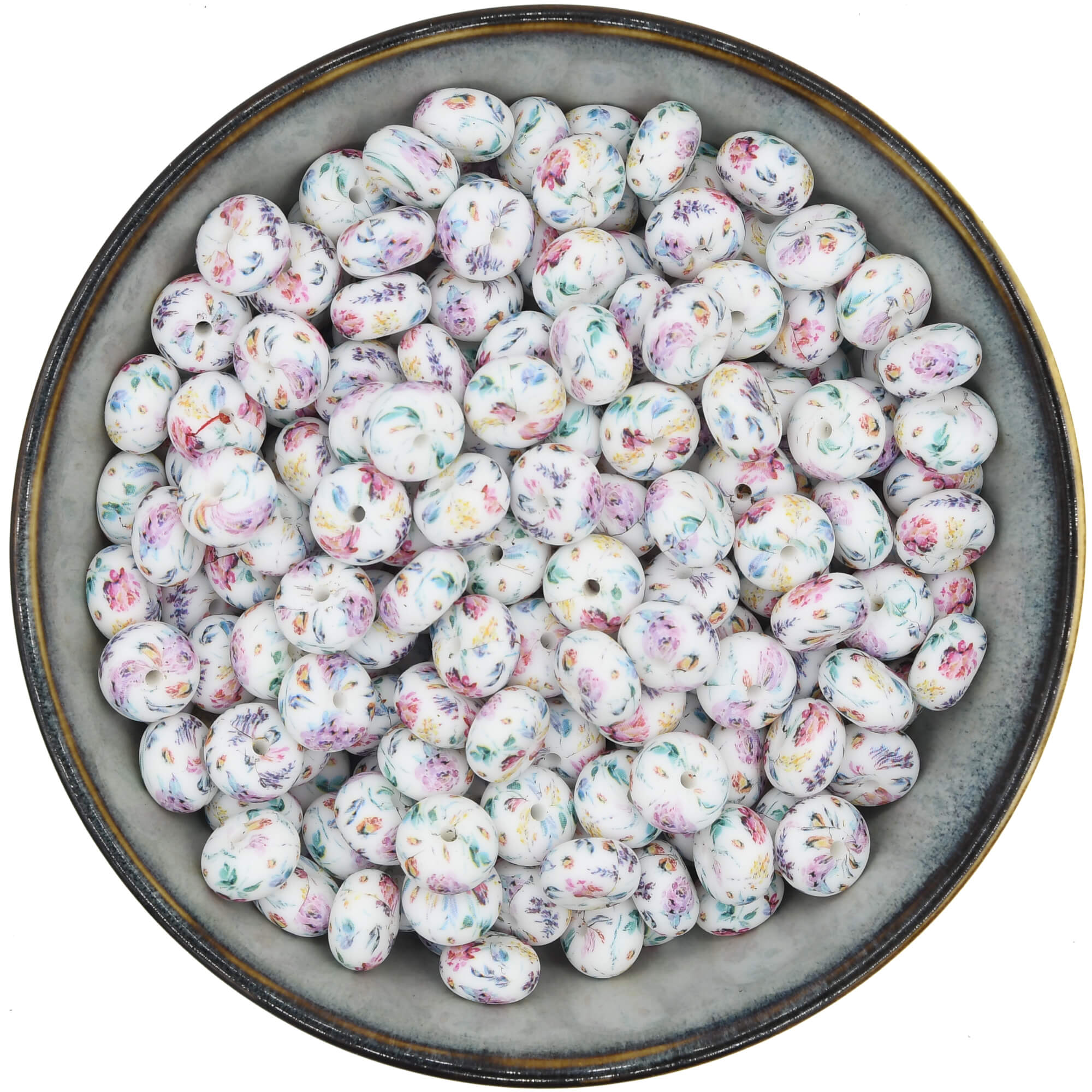 Siliconen kraal abacus 14 mm met een veelkleurige bloemenprint