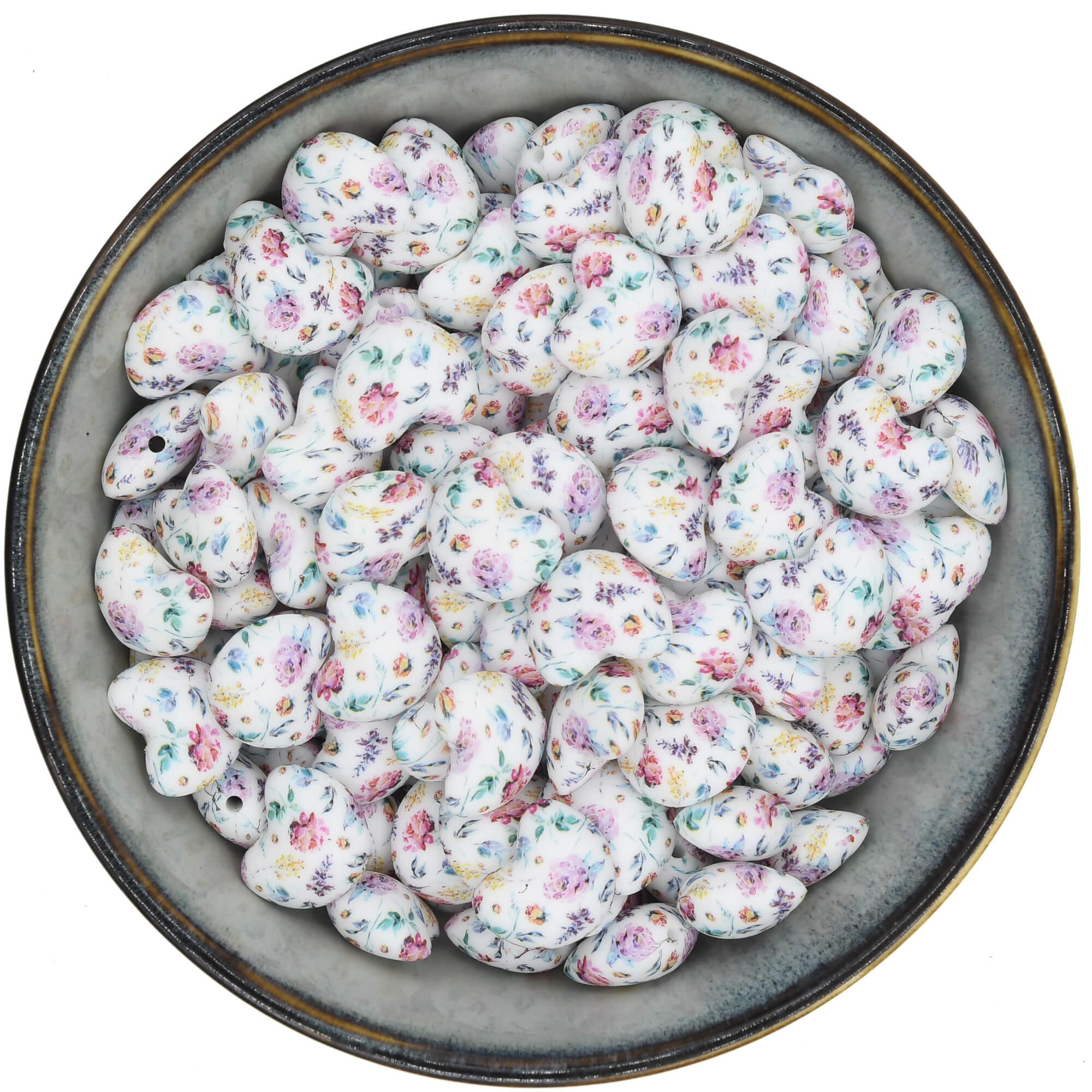 Siliconen kraal hartje met een veelkleurige bloemenprint