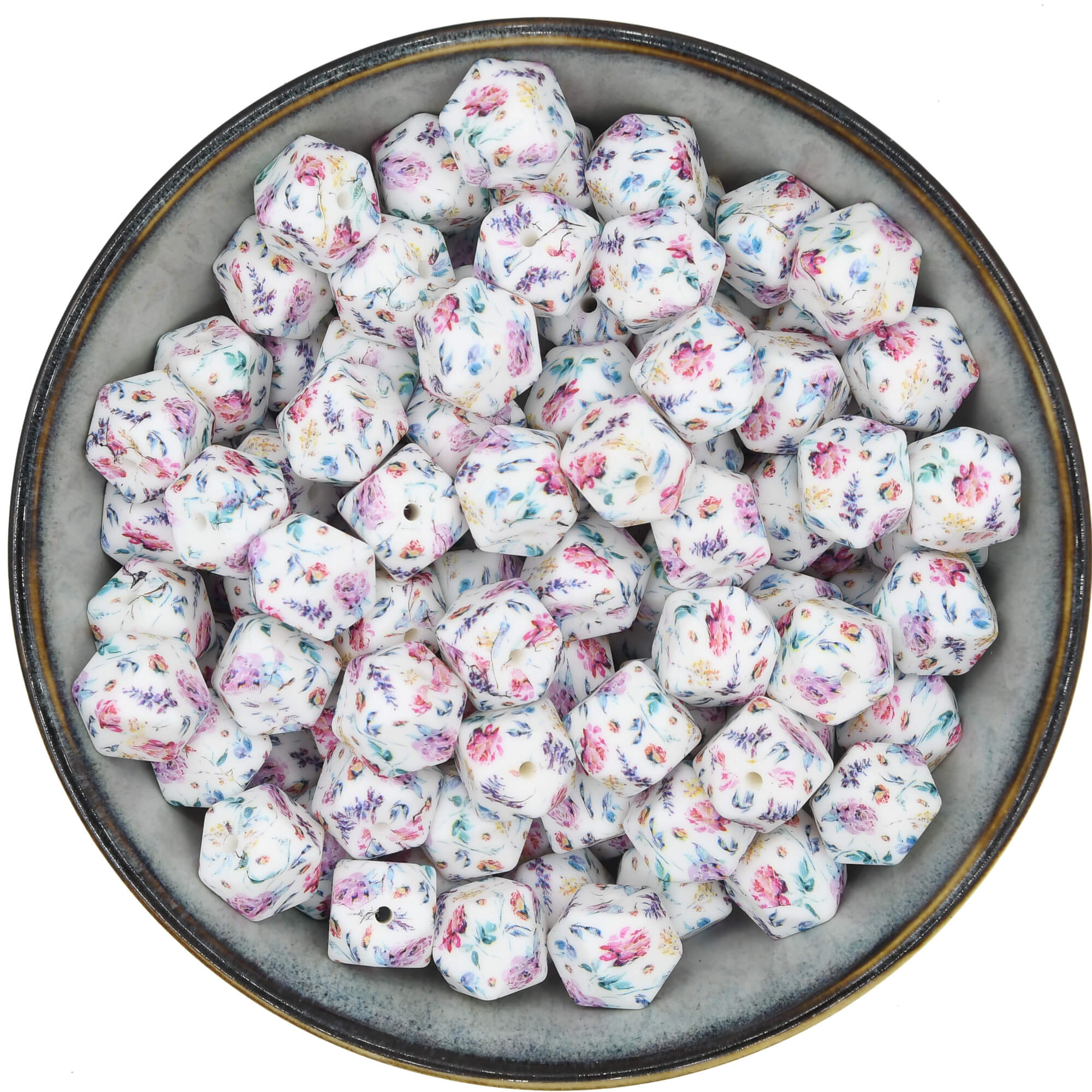 Siliconen kraal mini-hexagon 14mm met een veelkleurige bloemenprint