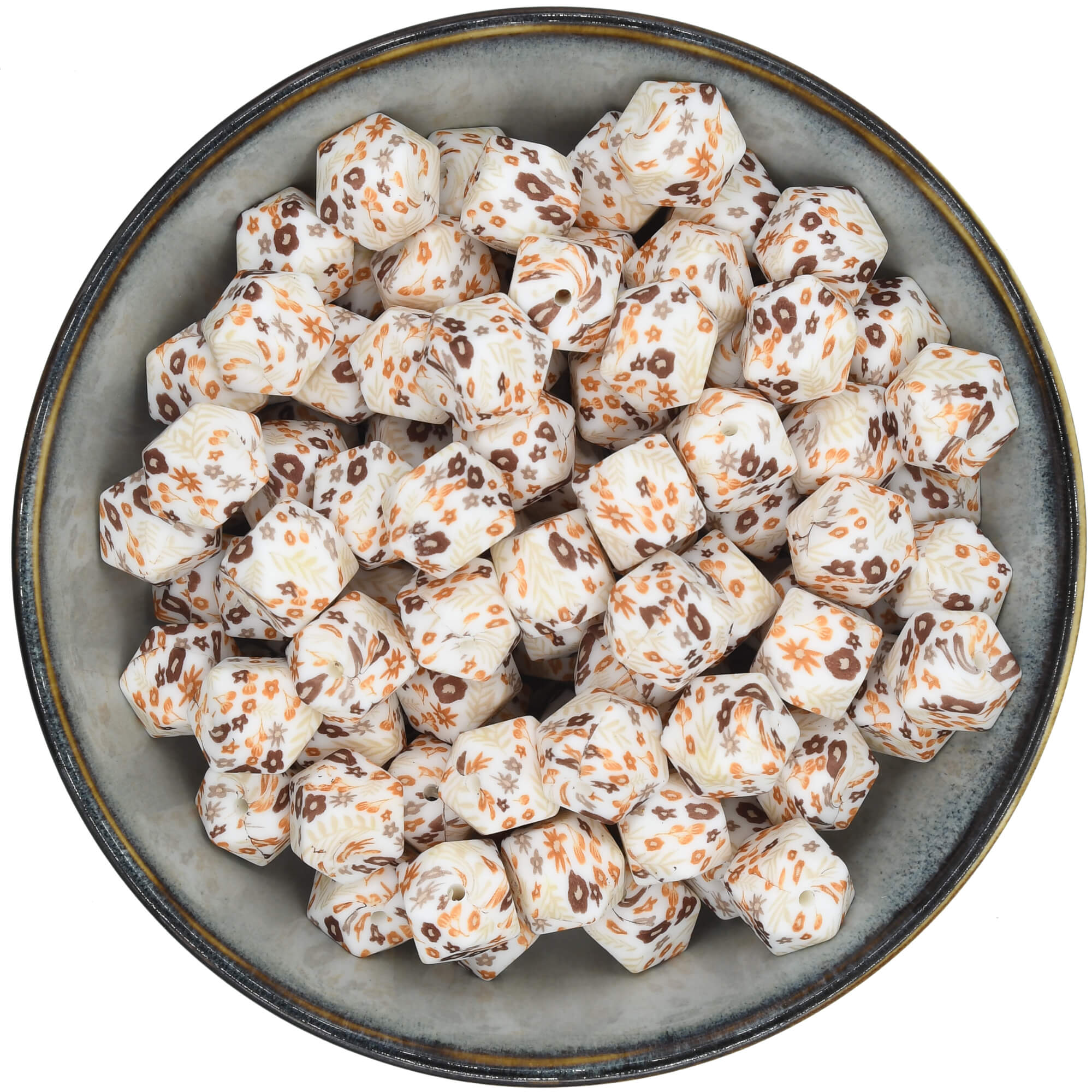 Siliconen kraal mini-hexagon 14 mm met een retro bloemenprint