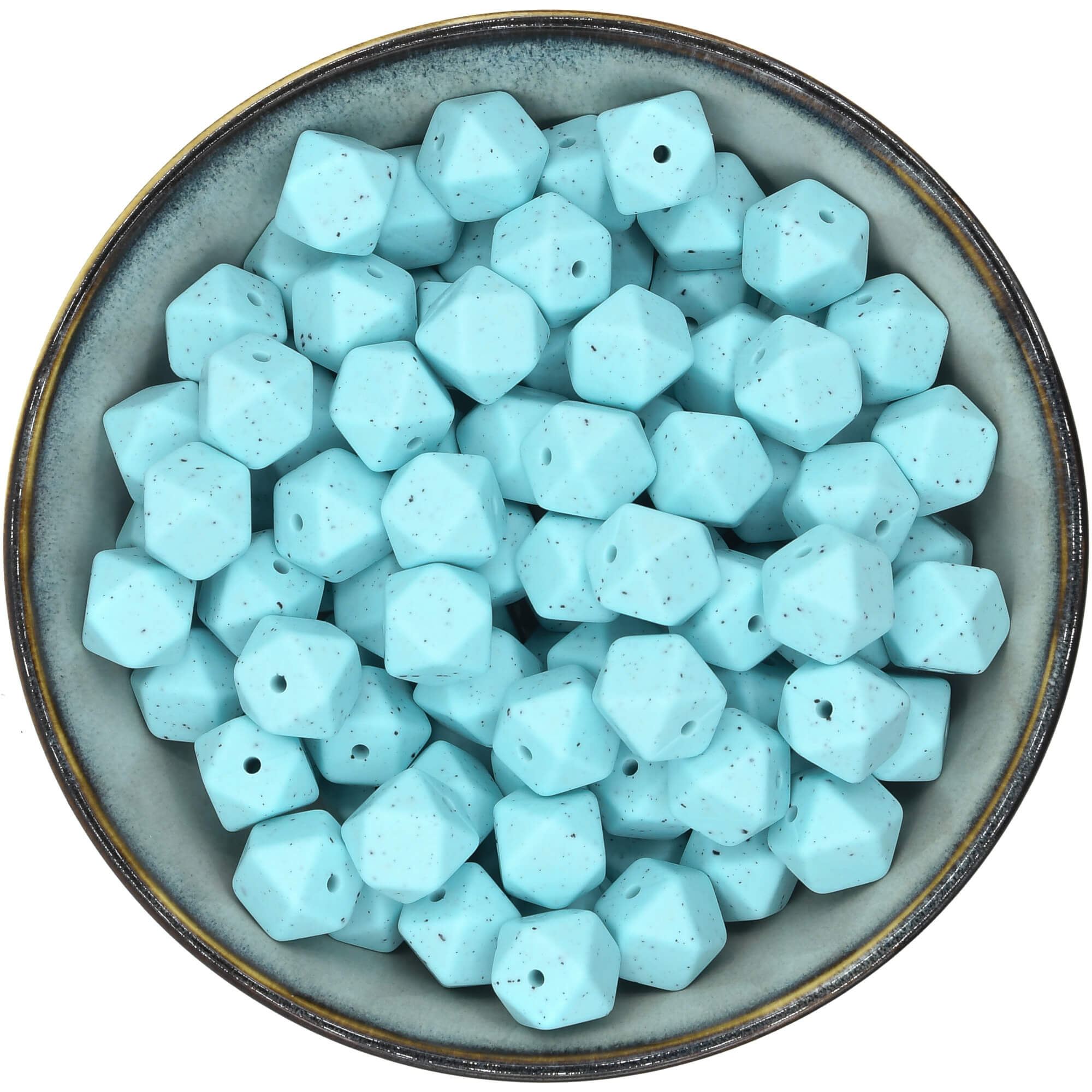 Siliconen mini-hexagon van 14 mm in de kleur Zachtturquoise met zwarte spikkels