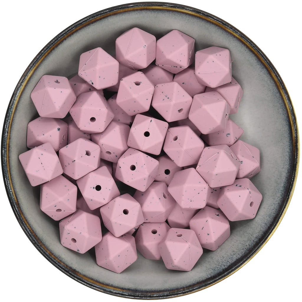 Siliconen kraal hexagon 17 mm in de kleur oudroze met spikkels
