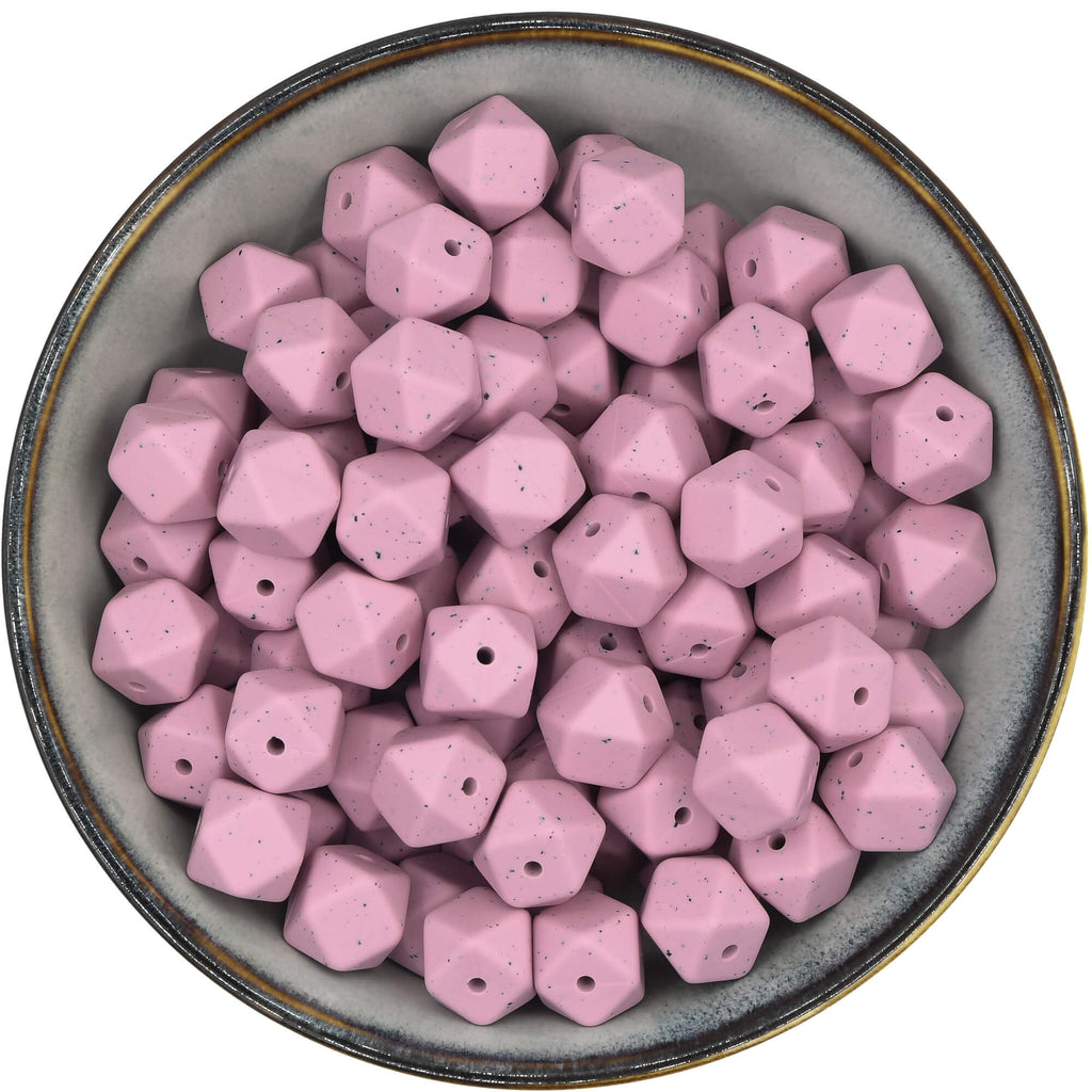 Siliconen kraal mini-hexagon 14 mm in de kleur oudroze met spikkels