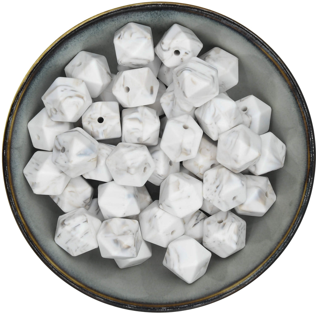 Siliconen kraal hexagon 17 mm in wit met een marmering in de kleur taupe