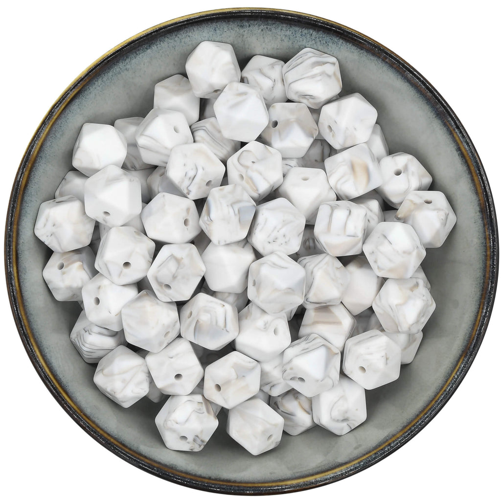 Siliconen kraal mini-hexagon van 14 mm in wit met een marmering in de kleur taupe