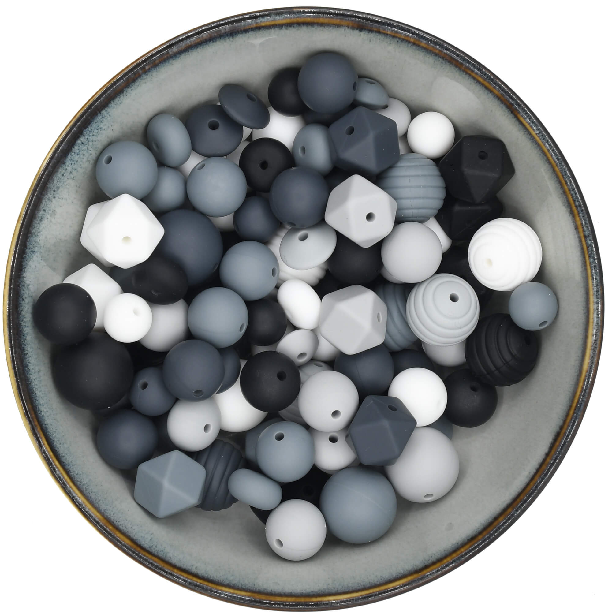 Siliconen kralenmix van 200 gram in zwart, grijstinten en wit.